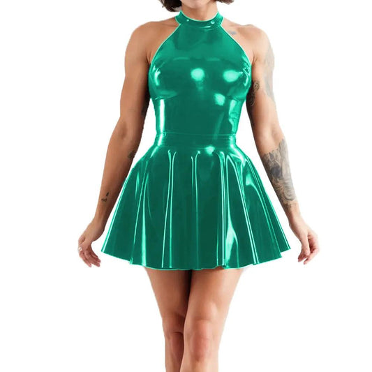 Shiny Sleeveless A-Line Pleated Mini Dress Halter Neck Skater Wet PVC Leather Swing Skirt Dress Latex-look Clubwear - Lizard Vigilante