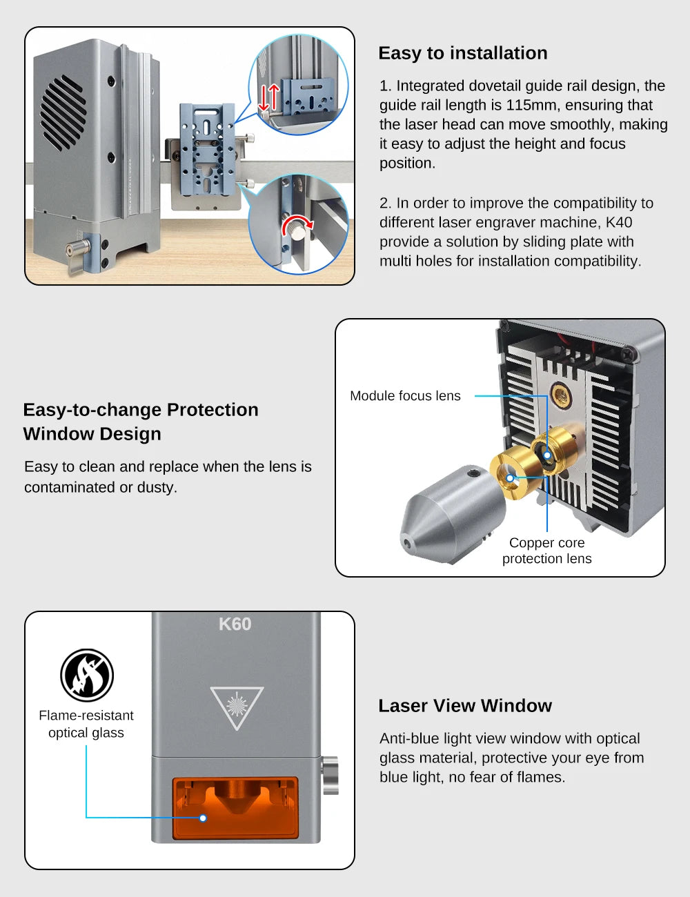 LASER TREE K60 Optical Power 60W Laser Head Adjustable 20W/40W Power Module For CNC Laser Engraver Cutting Woodworking DIY Tools - Premium  from Lizard Vigilante - Just $1838.99! Shop now at Lizard Vigilante