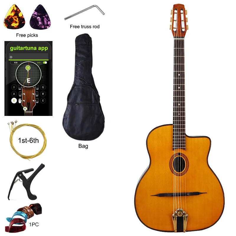 41-Inch Django Spruce Top Gypsy Swing Acoustic Guitar – High Gloss 6-String Folk Guitar with Hickory Fingerboard and Rosewood Back - Premium guitar from Lizard Vigilante - Just $280.99! Shop now at Lizard Vigilante