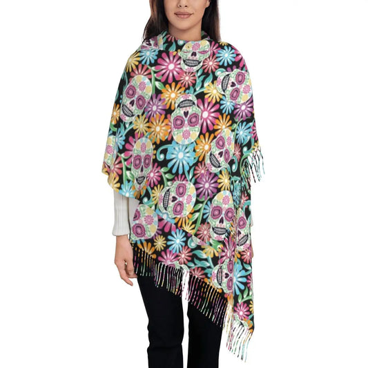 Day of the Dead Sugar Skull Colorful Flower Scarf – Warm Pashmina Shawl, Wrap for Women - Premium scarf from Lizard Vigilante - Just $23.66! Shop now at Lizard Vigilante