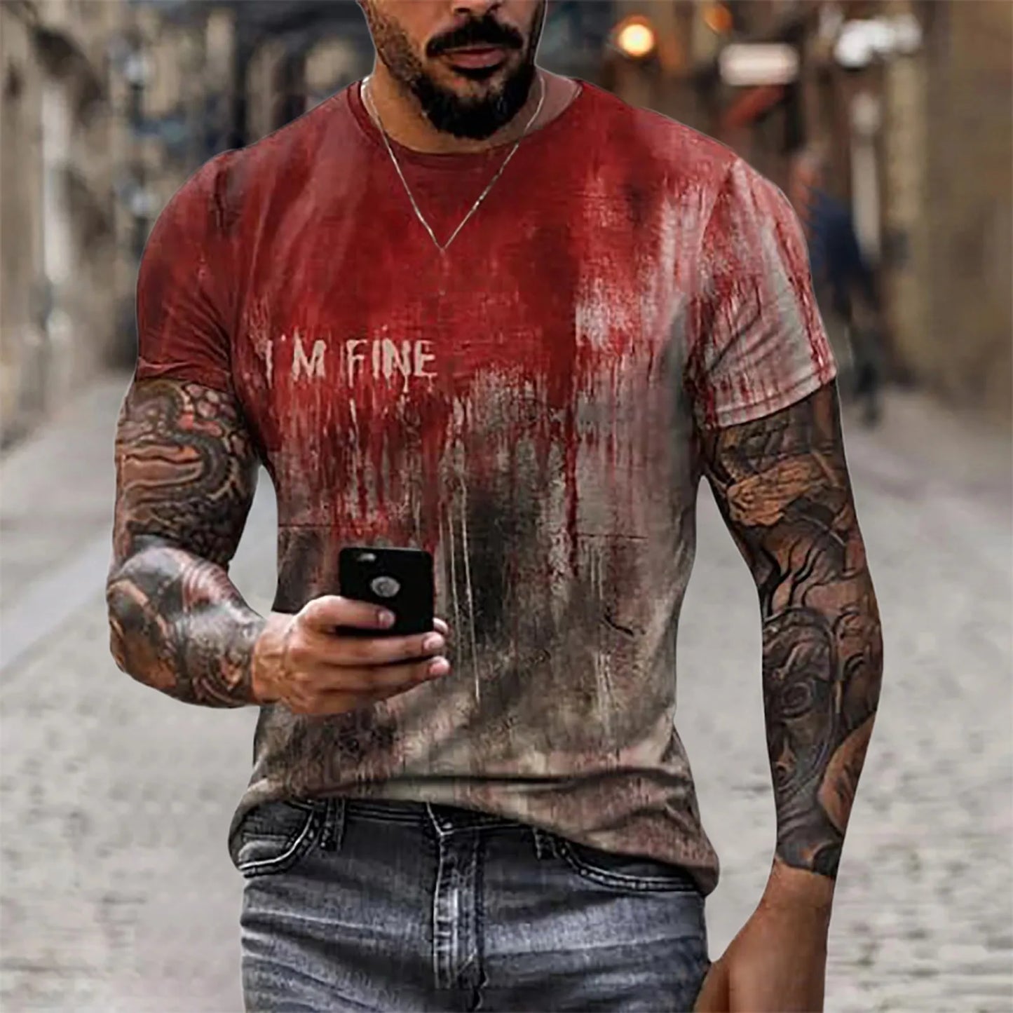 Problem Solved Bloody Fonts T-Shirt Male 2024 Halloween Print Tops Short Sleeve Round Neck Distressed T Shirt Holiday Party Top - Premium  from Lizard Vigilante - Just $11.99! Shop now at Lizard Vigilante