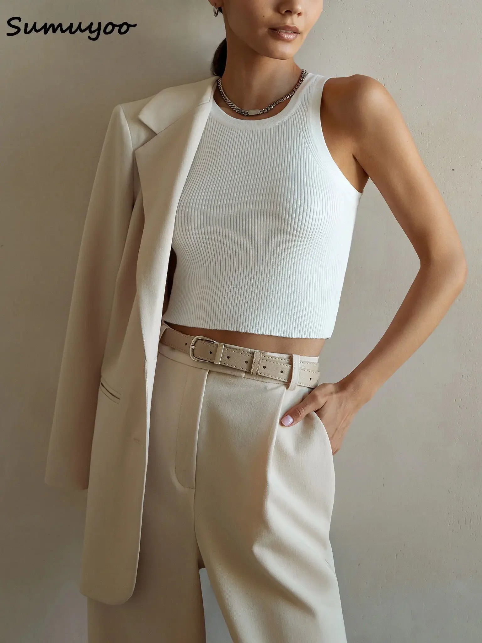 Sumuyoo Summer Knitted Tank Tops Women Casual Crop Tops Sexy Girls Suspender Vest O-neck OL Slim Ribber Sleeveless T Shirts - Premium  from Lizard Vigilante - Just $41.99! Shop now at Lizard Vigilante