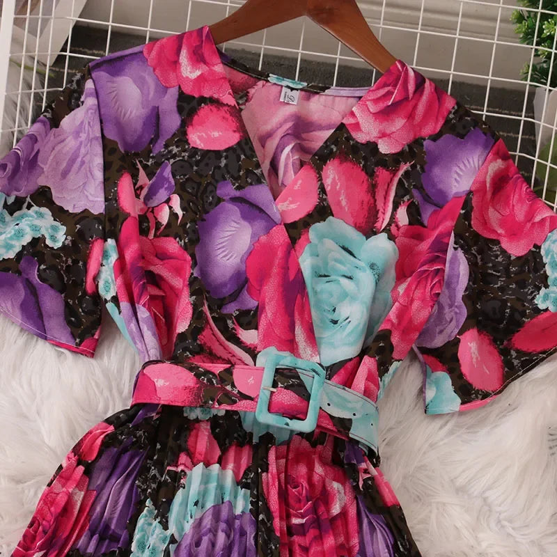 Women Dress Fashion Vintage Ins Bandage Slim Waist A-line Long Dress Vacation Beach Summer Outfits Lady Robe Femme