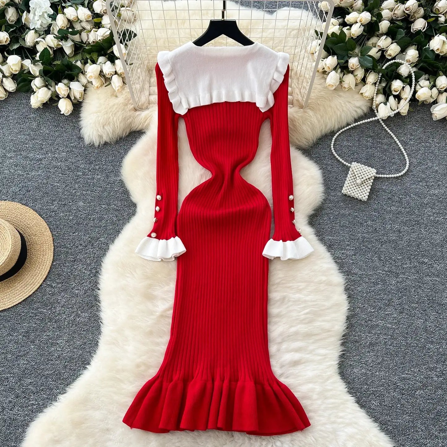 SINGREINY 2024 Hotsweet Slim Autumn Dress Women Peter pan Collar Long Sleeves Patchwork Preppy Style Mermaid Sweater Long Dress