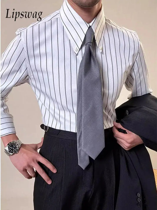 Vintage Striped Printed Slim Shirts Mens Casual Long Sleeve Lapel Buttoned Shirt 2025 Spring Fall Mens Shirt Naple Style Clothes