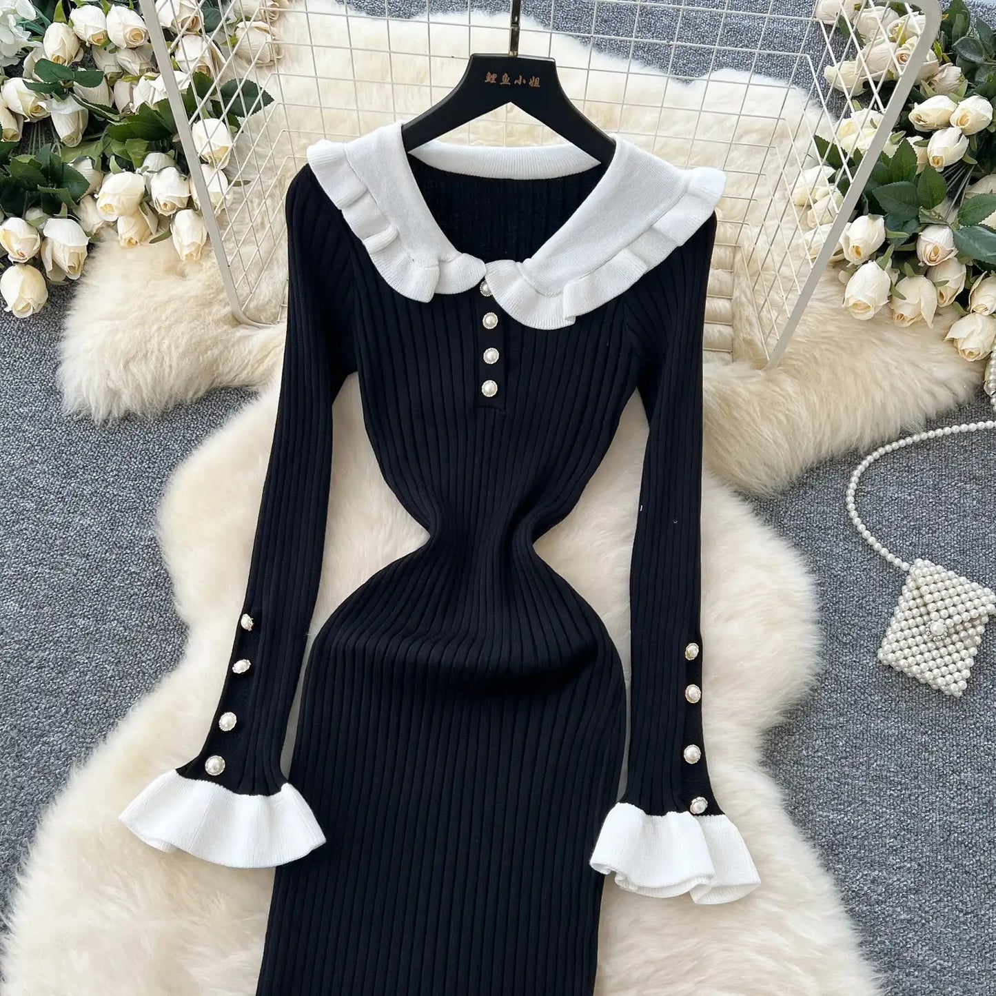 SINGREINY 2024 Hotsweet Slim Autumn Dress Women Peter pan Collar Long Sleeves Patchwork Preppy Style Mermaid Sweater Long Dress