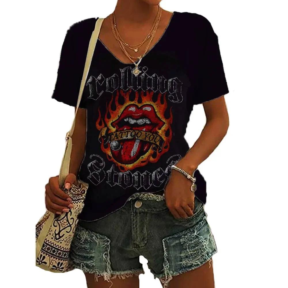 Rolling Stones Women's T Shirts 3d Lip Print Fashion Casual Short Sleeve V-neck Tops Tee Summer Harajuku Female Clothing - Lizard Vigilante