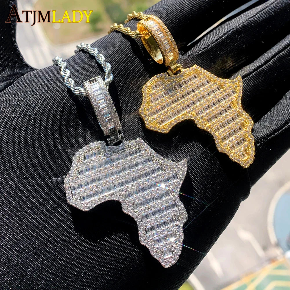 New Arrive Rectangle Cubic Zirconia CZ Paved Bling Africa Map Shaped Pendant Necklace Hip Hop Men Boy Cool Meaning Jewelry