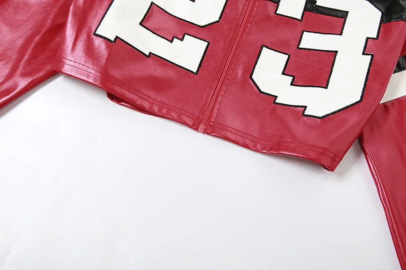 Crop Top Women's Leather Jacket Moto Biker Style Number Print Women's Jacket Fashion Outerwears Women's Moto Biker Zipper Jacket - Premium  from Lizard Vigilante - Just $58.99! Shop now at Lizard Vigilante