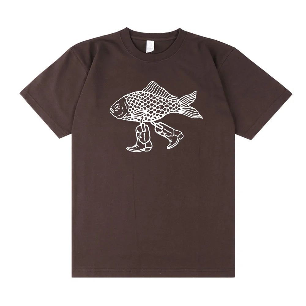 Walking Fish Printing Graphic Funny Tees Women Short Sleeve Loose Cotton Casual T Shirts White Summer Fashion Aesthetic Shirts - Premium  from Lizard Vigilante - Just $43.99! Shop now at Lizard Vigilante