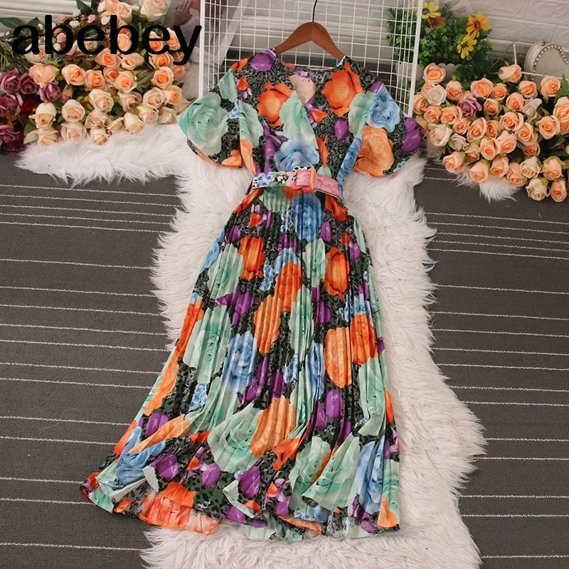 Women Dress Fashion Vintage Ins Bandage Slim Waist A-line Long Dress Vacation Beach Summer Outfits Lady Robe Femme