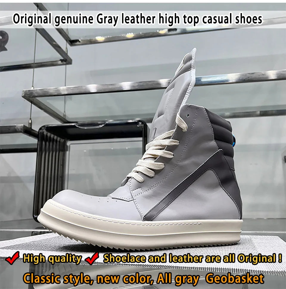 Casual Shoes Men High Top Gray Genuine Leather Luxury Trainers Women Geobasket Jumbo Lace Up Designer Sneaker Flats Ankle Boots - Premium  from Lizard Vigilante - Just $198.99! Shop now at Lizard Vigilante