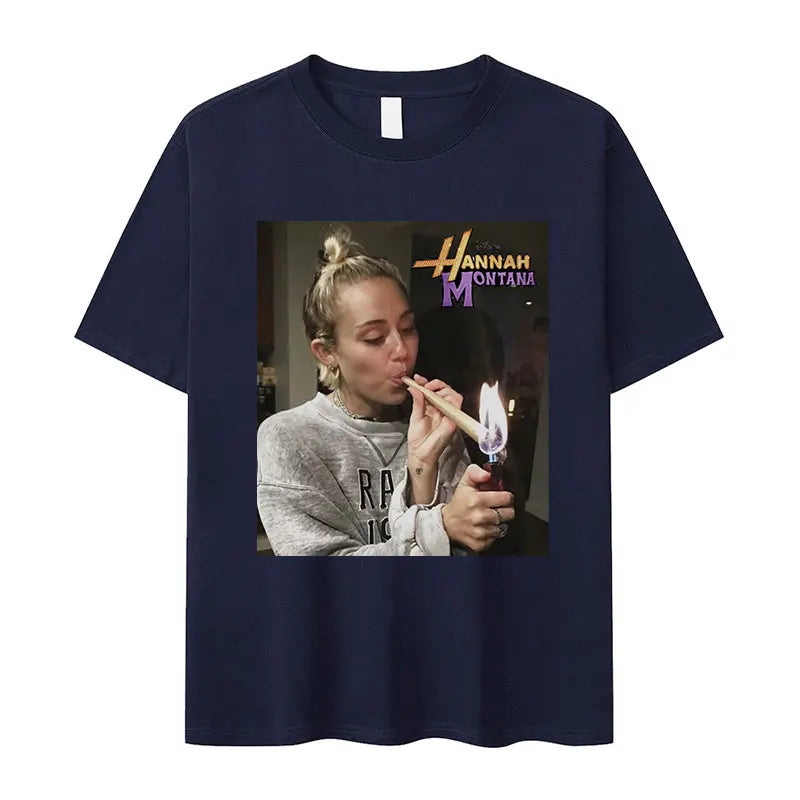 Miley Cyrus Funny Smoking Graphic T-Shirt | Hannah Montana Vintage Aesthetic Men’s & Women’s Casual Oversized Cotton Tee - Premium T-Shirt from Lizard Vigilante - Just $26.66! Shop now at Lizard Vigilante