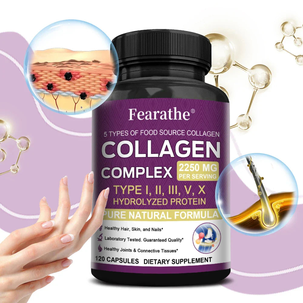 Multi-Collagen Capsules for Men and Women - Hydrolyzed Type I II III V X for Skin, Hair, Nails, Bones, Joints, Nutrition