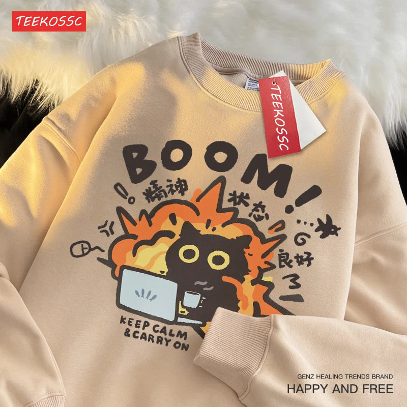 Funny Cat Sweatshirt - Good Mental State BOOM Cartoon Fleece Oversized Hoodie for Men & Women - Premium sweatshirt from Lizard Vigilante - Just $36.66! Shop now at Lizard Vigilante