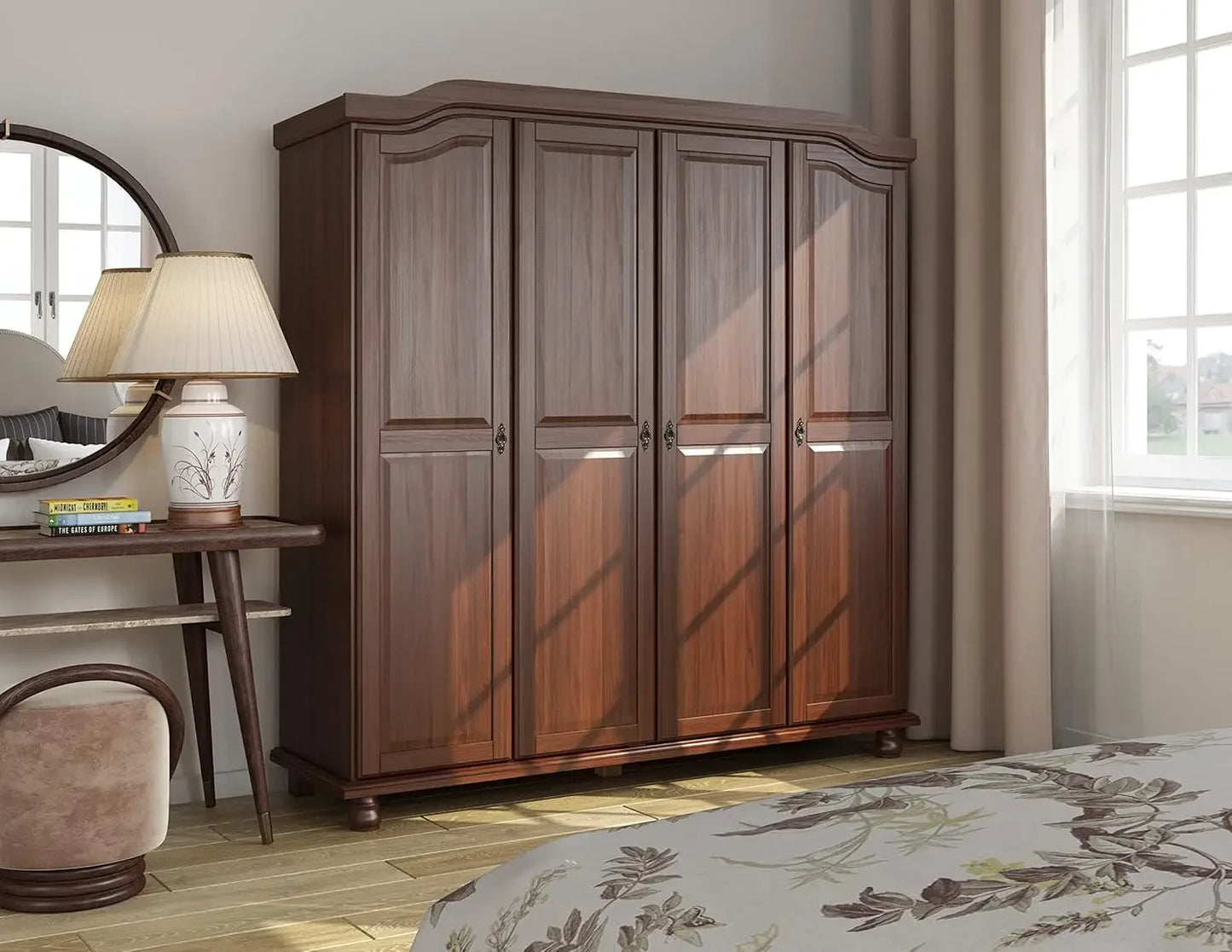 4-Door Freestanding Wardrobe Armoire Closet with Raised Panel Doors - Eco-Friendly Pine Wood, Modern Mocha Finish - Premium Armoire from Lizard Vigilante - Just $988.88! Shop now at Lizard Vigilante