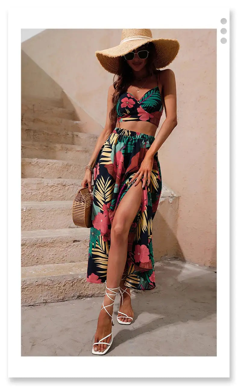 Y2K Bikini Crop Tops Long Dress Sexy Set for Women Summer Fashion Two Pieces Skirt Beach Style Floral Print Midi Sexy Boho Sets