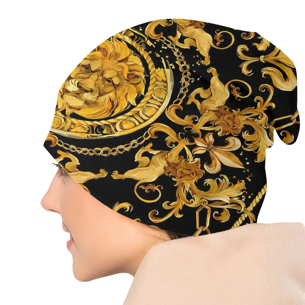 Golden Lion & Damask Skullies Beanie – Luxury Fashion Hat with Earmuffs for Men & Women, Windproof & Stylish - Premium beanie from Lizard Vigilante - Just $19.88! Shop now at Lizard Vigilante