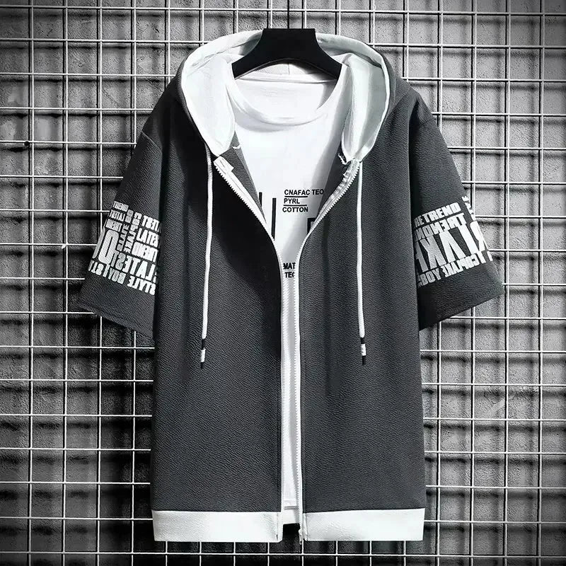 Street Reaper Zipper Hooded Summer Tshirt Men’s Short Sleeve Casual Top
