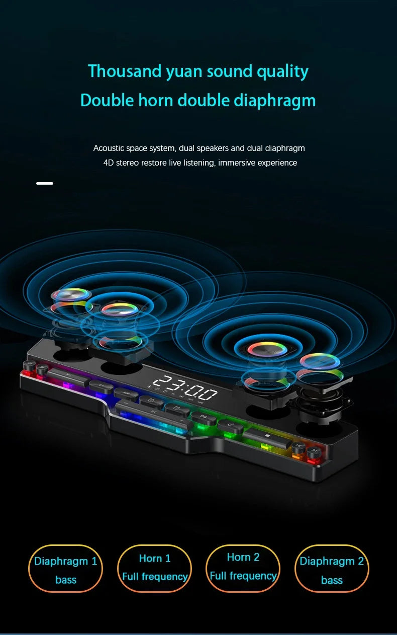 Wireless Bluetooth Game Speaker Soundbar USB 3D Stereo Subwoofer FM Home Clock Indoor Sound Bar Computer Loudspeaker Hot Sale