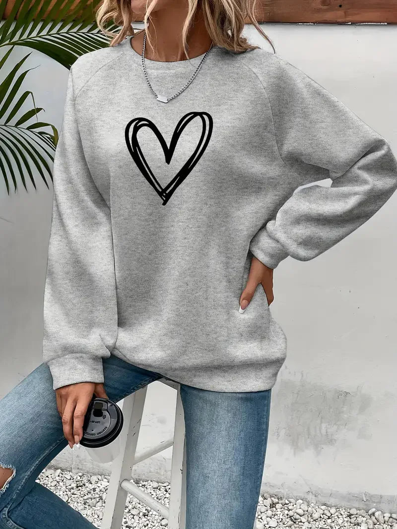 Heart Print Casual Pullover Sweatshirt for Women – Cozy Crew Neck, Fall & Spring Essential - Premium sweatshirt from Lizard Vigilante - Just $38.88! Shop now at Lizard Vigilante