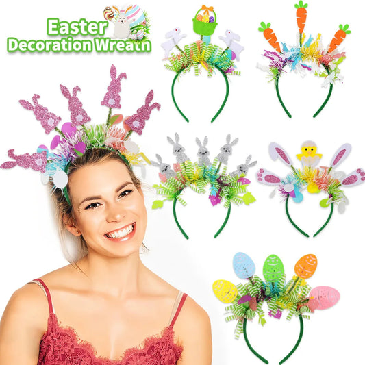 Easter Rabbit Headband with Colorful Egg Strip And Button Holiday Party Accessory Egg Chick Headdress for Easter Celebrations