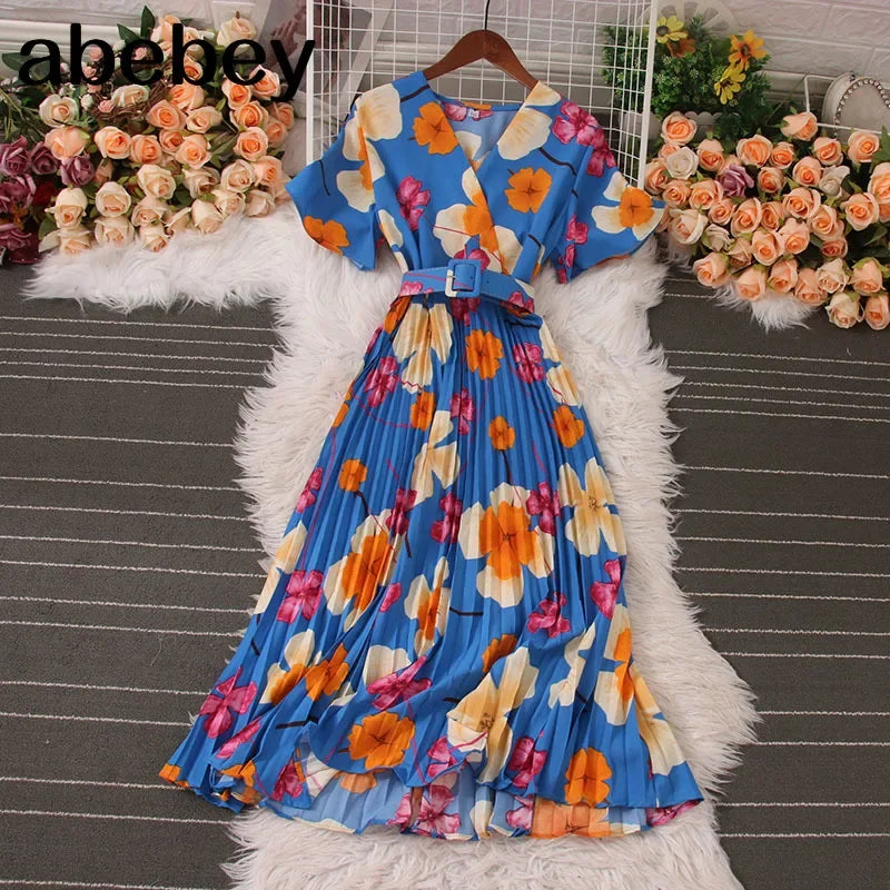 Women Dress Fashion Vintage Ins Bandage Slim Waist A-line Long Dress Vacation Beach Summer Outfits Lady Robe Femme