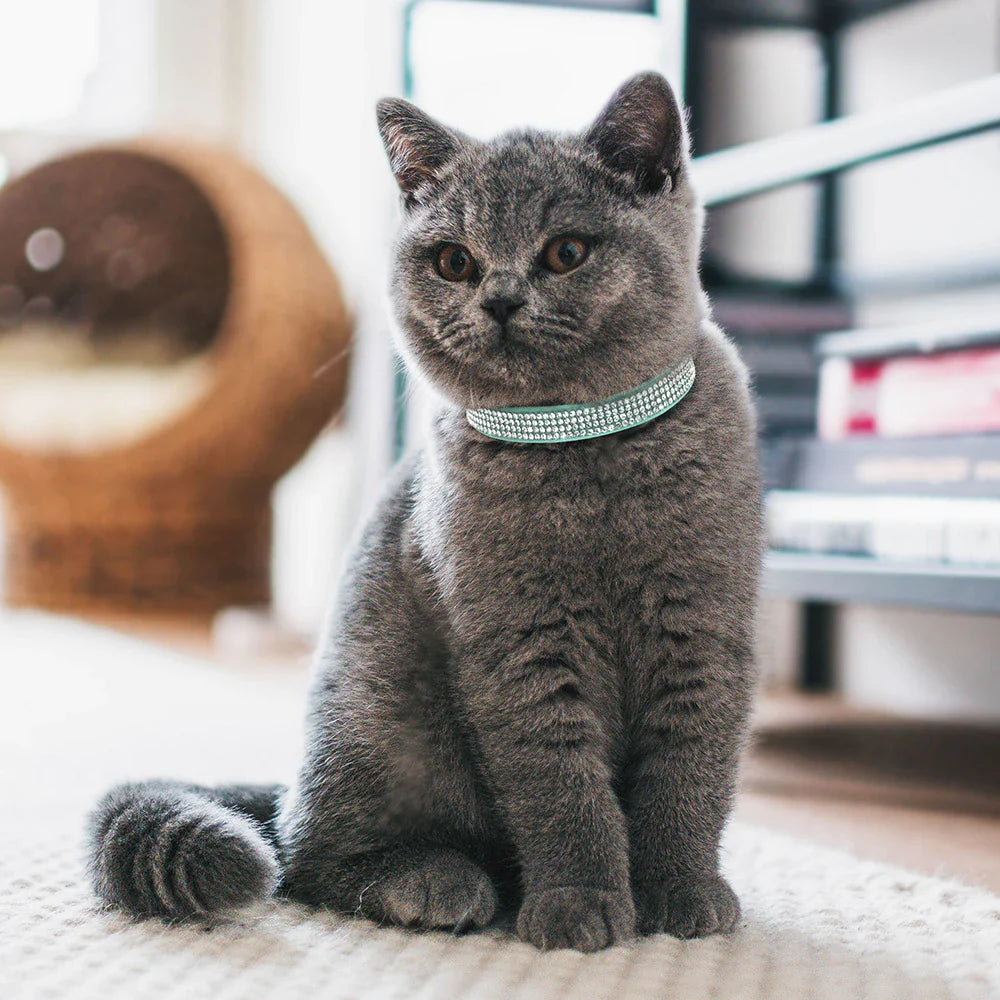 Soft Suede Leather Cat Collar Bling Rhinestone Cats Collars with Bell Safety Breakaway Pet Puppy Necklace Adjustable XS S Pink