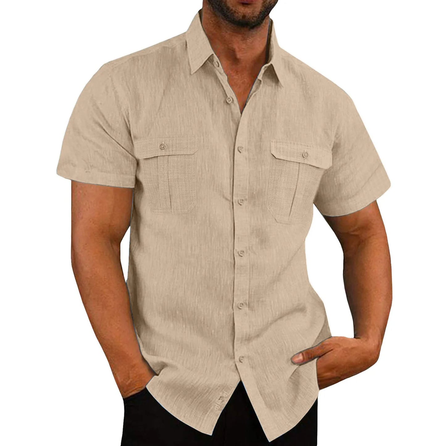 Men's Shirt Double Pocket Cotton Linen Short Sleeve Shirts for Men Casual Holiday Beach Shirt streetwear Solid Color Slim Fit - Premium  from Lizard Vigilante - Just $23.99! Shop now at Lizard Vigilante
