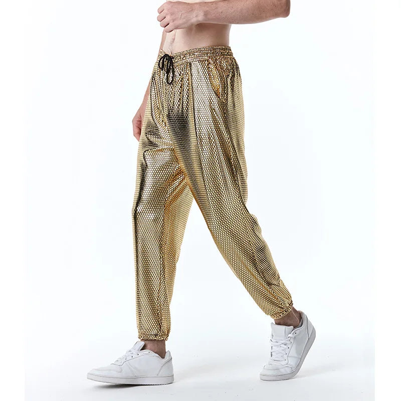 Mens Joggers Metallic Shiny Gold Fish Scales Sweatpants 70s Disco Dance Harem Pants Men Nightclub Stage Party Streetwear Trousers - Premium joggers from Lizard Vigilante - Just $34.99! Shop now at Lizard Vigilante