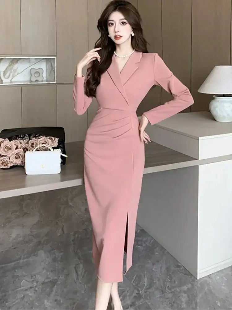 Women Pink Pleated Bodycon Formal Long Dress Autumn Winter Long Sleeve Chic Suit Dress 2025 Korean Fashion Elegant Party Dresses