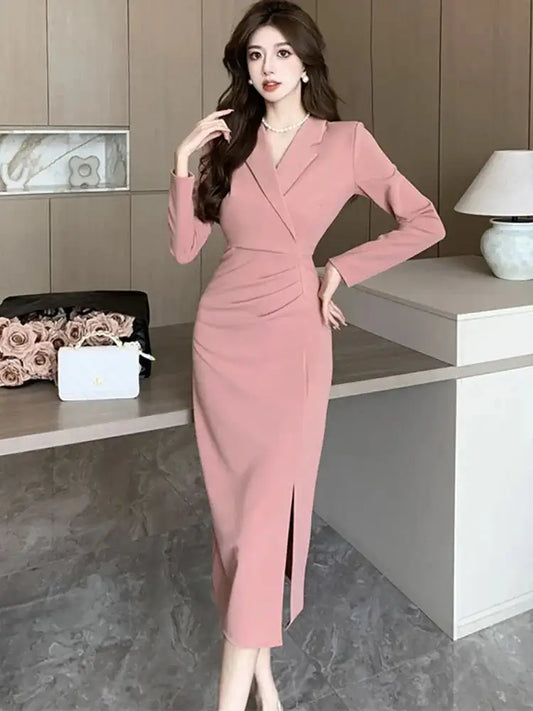 Women Pink Pleated Bodycon Formal Long Dress Autumn Winter Long Sleeve Chic Suit Dress 2025 Korean Fashion Elegant Party Dresses