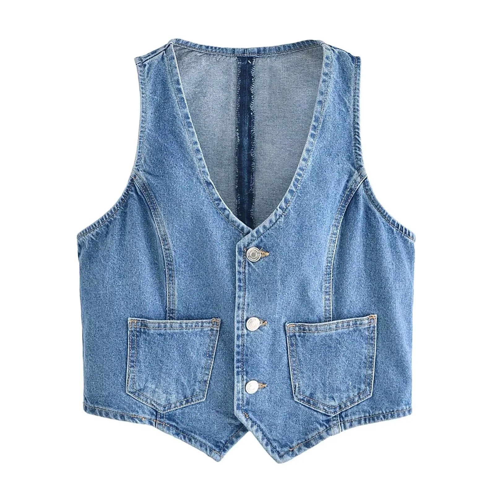 Women's Denim Vest Sleeveless Crop Tops Button Denim Gilet Jacket Casual V Neck Jean Waistcoat Streetwear - Lizard Vigilante