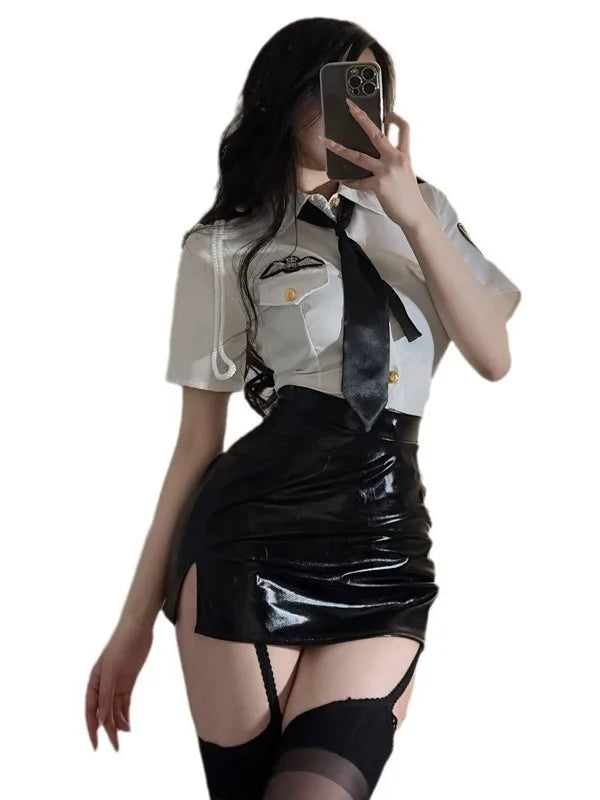 Sexy Flight Attendant Role-Play Set – Black Leather Wrap Skirt & Turn-Down Collar Short Sleeve Top - Premium costume from Lizard Vigilante - Just $19.99! Shop now at Lizard Vigilante