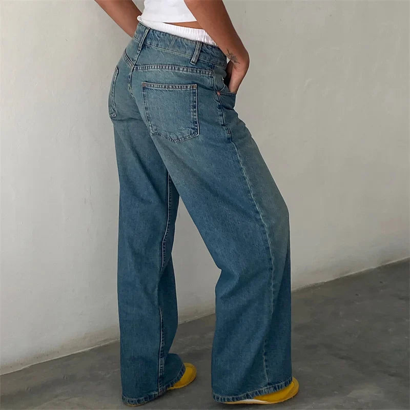 Lamuusaa Jeans y2k Clothes Women Solid Color Low Waist Waist Wide Leg Denim Pants Trousers with Multi Pockets 2000s Streetwear