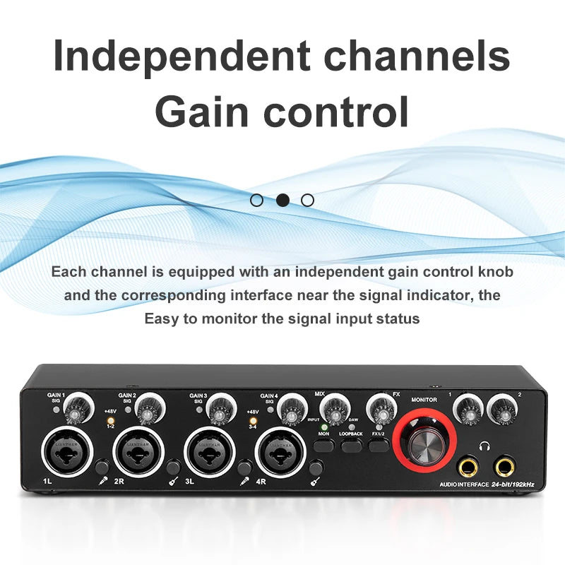 Professional 24Bit 192KHz Audio Interface Sound Card 4 Channel Sound Card for Guitar Loopback USB External Studio PC Recording