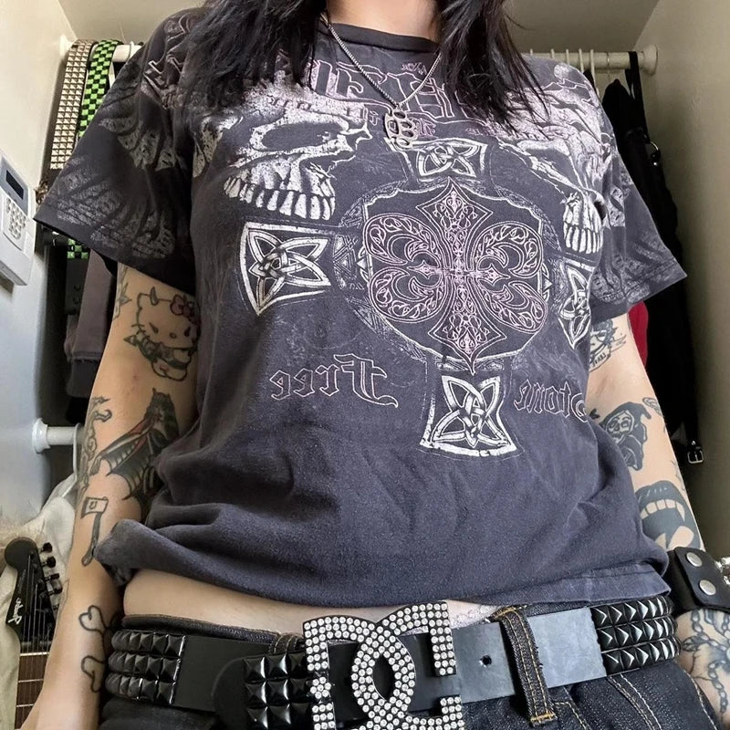 2000s Aesthetic Mall Goth E-girl Gothic T-shirt Retro Y2K Grunge Skull Wing Crop Tops Indie Graphic Print Short Sleeve Tee Women - Premium T-Shirt from Lizard Vigilante - Just $29.99! Shop now at Lizard Vigilante