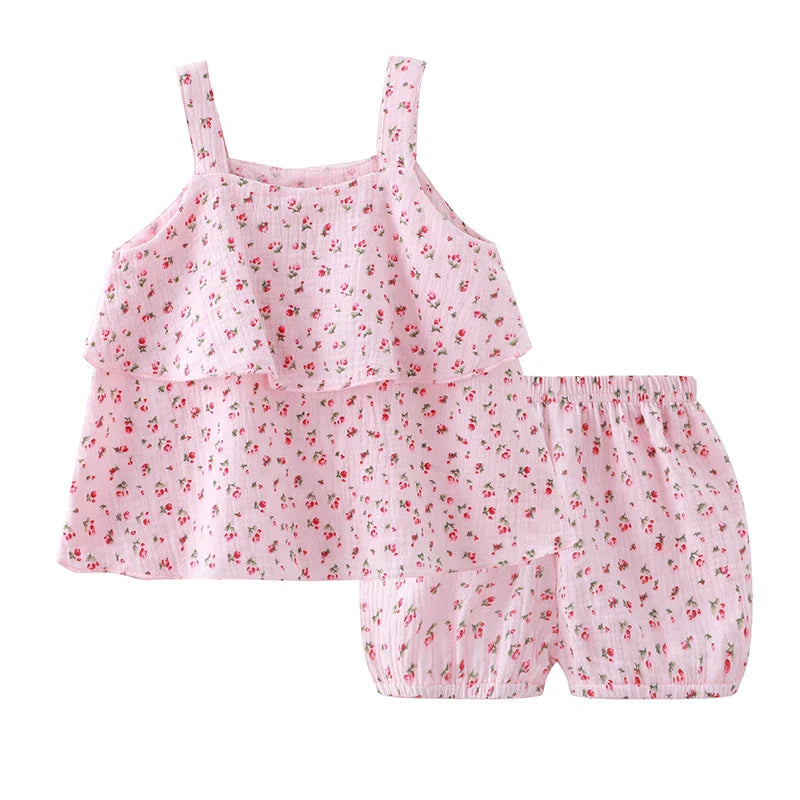 Baby Girls Outfits Clothes Summer Muslin Cotton Sleeveless Vest Dress Shorts Shirt Suits Fashion Top+Trousers Sets 2pcs 0-4T