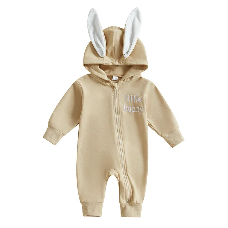 Adorable Infant Easter Romper with Hood Zipper Closure and Bunny Ears - Long Sleeve  for Spring Celebrations
