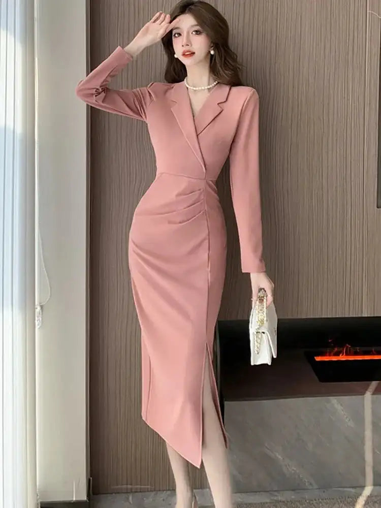 Women Pink Pleated Bodycon Formal Long Dress Autumn Winter Long Sleeve Chic Suit Dress 2025 Korean Fashion Elegant Party Dresses