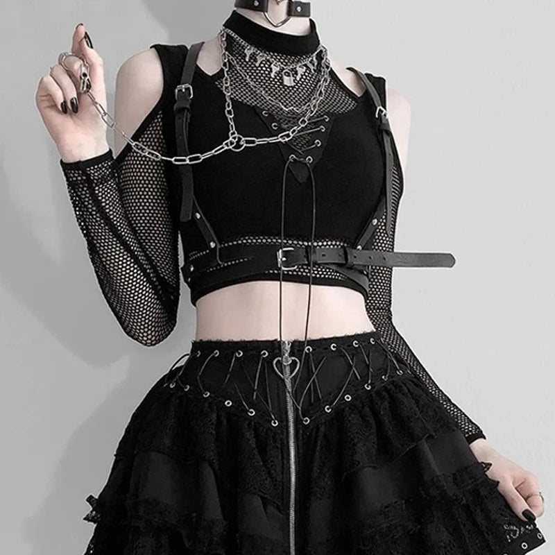 Goth Dark Techwear Fishnet Open Shoulder Halter T-shirts Mall Gothic Grunge Black Bandage Crop Tops Women Punk Sexy Alt Clothing - Premium Crop Top from Lizard Vigilante - Just $28.99! Shop now at Lizard Vigilante