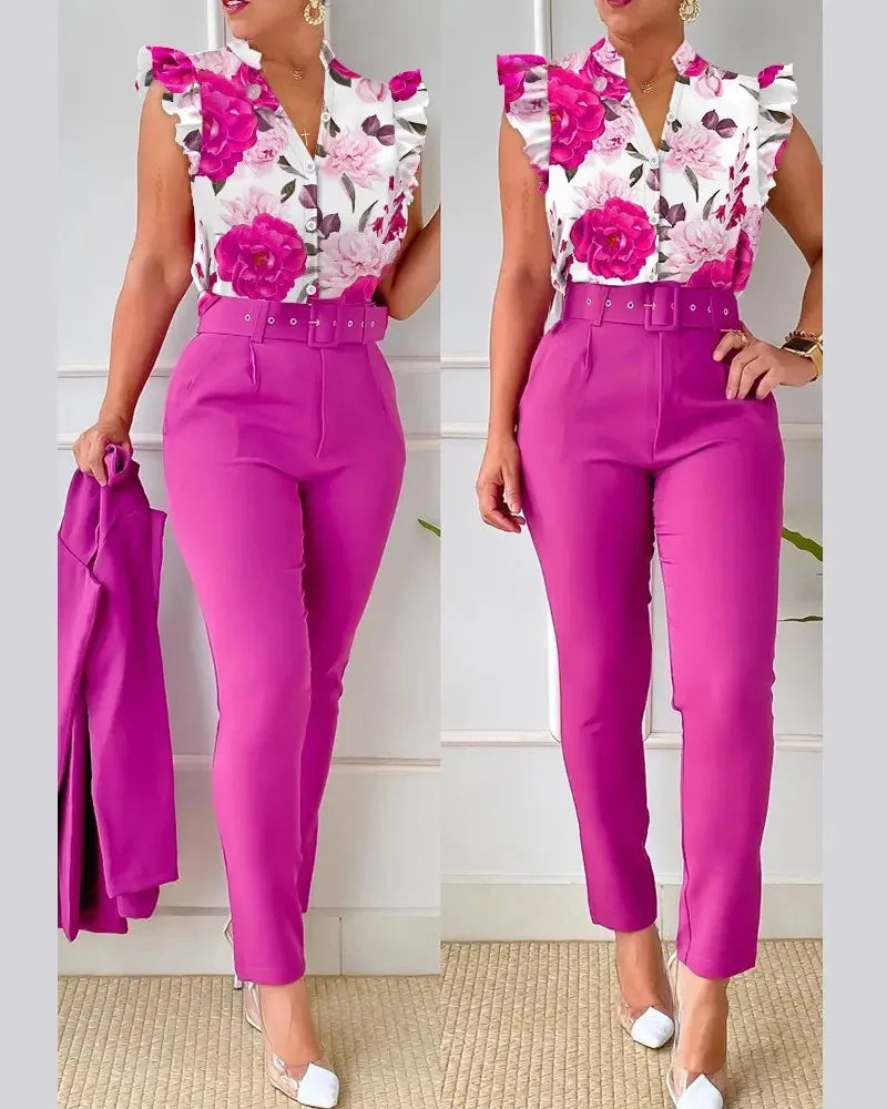 Women's Elegant Floral Slim Two-Piece Set - V-Neck Flying Sleeve Top & High-Waist Pencil Pants with Sash Belt - Premium suit from Lizard Vigilante - Just $38.88! Shop now at Lizard Vigilante