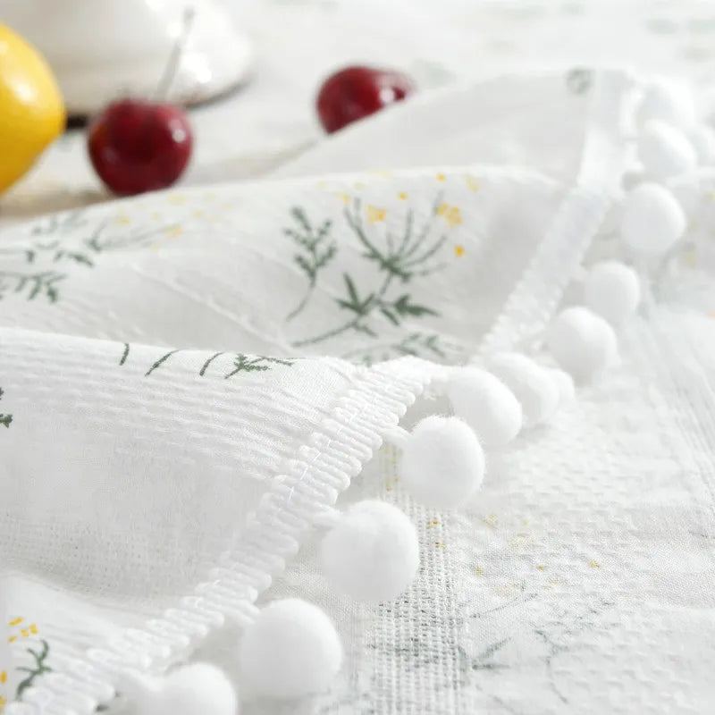 Cotton Table Cloth Round Tablecloth with Tassel Dust-Proof Floret Circular Table Cover for Kitchen Dinning Room Tabletop Decor
