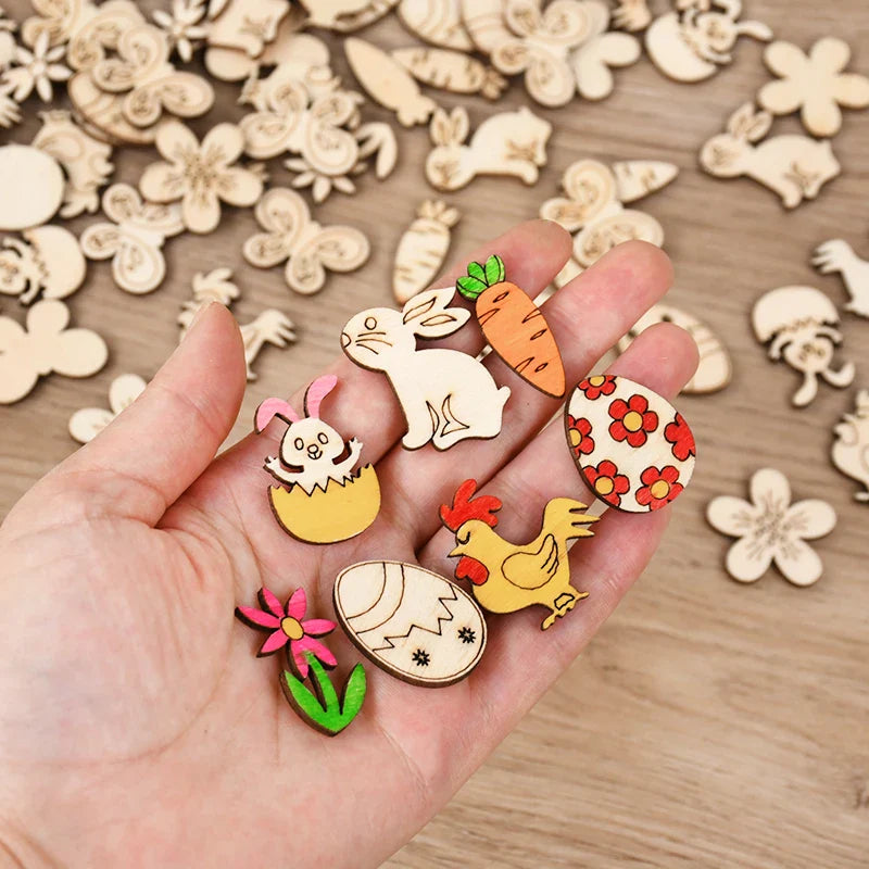 50pcs Easter Wooden Confetti Rabbit Carrot Eggs Kids Painting DIY Crafts Wood Slice 2025 Spring Easter Party Decoration For Home