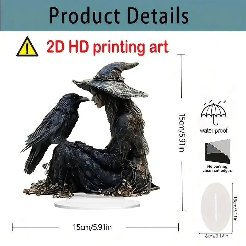 Halloween Desk Decor 2D Acrylic Indoor Tabletop Sign Gothic Witch Crow Ornament for Halloween Dorm Nightstand Studio Shelf