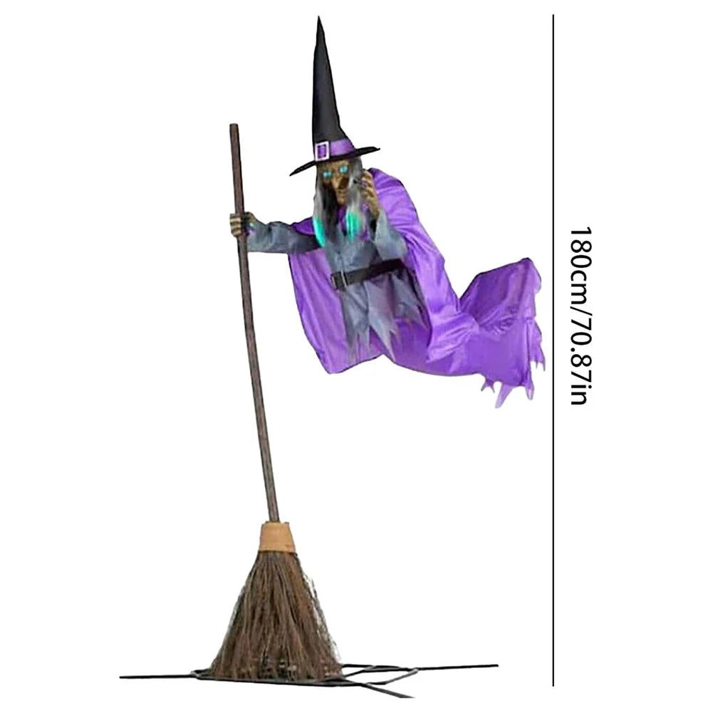 Halloween Props with Terrifying Sounds and Lights Fun Costumes Flying Scary Witch Broom Wizard Decor for Garden Yard Lawn Indoor