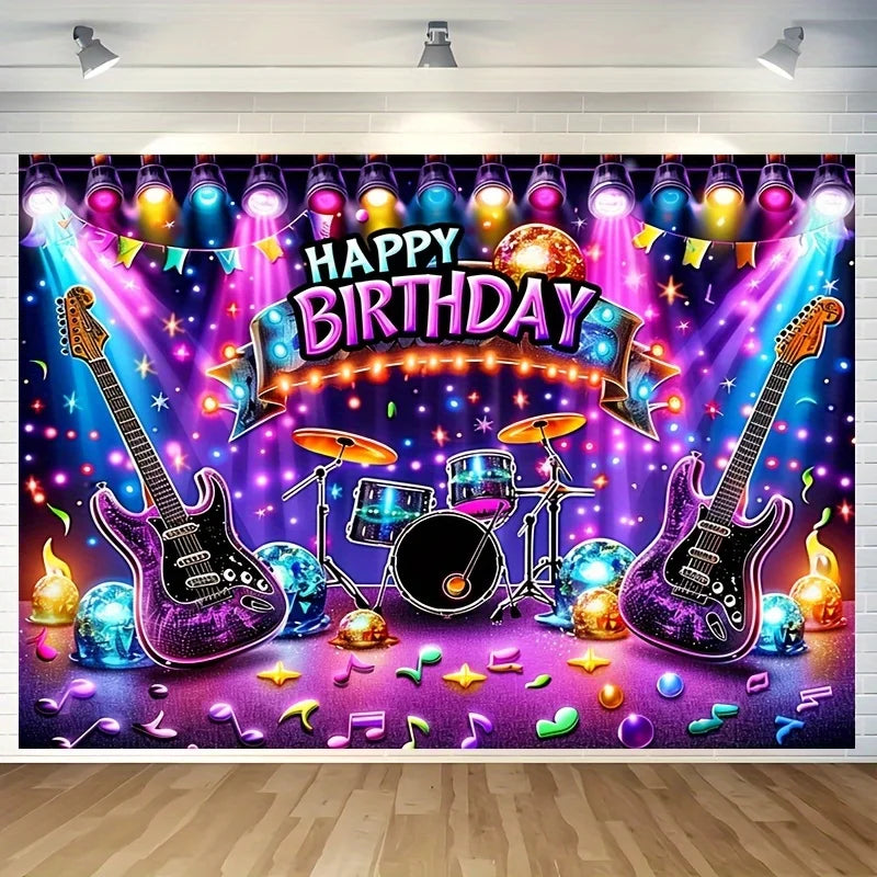 Rockstage Riot Birthday Backdrop – Guitar & Drum Explosion Wall Banner
