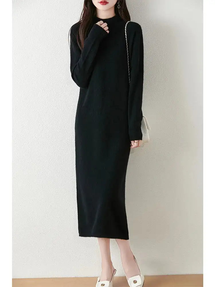 Autumn Winter Women's Wool Long Dress Cashmere Mock Neck Pullover Sweater 100% Merino Wool Soft Knitwear OL Simple Basic Dress