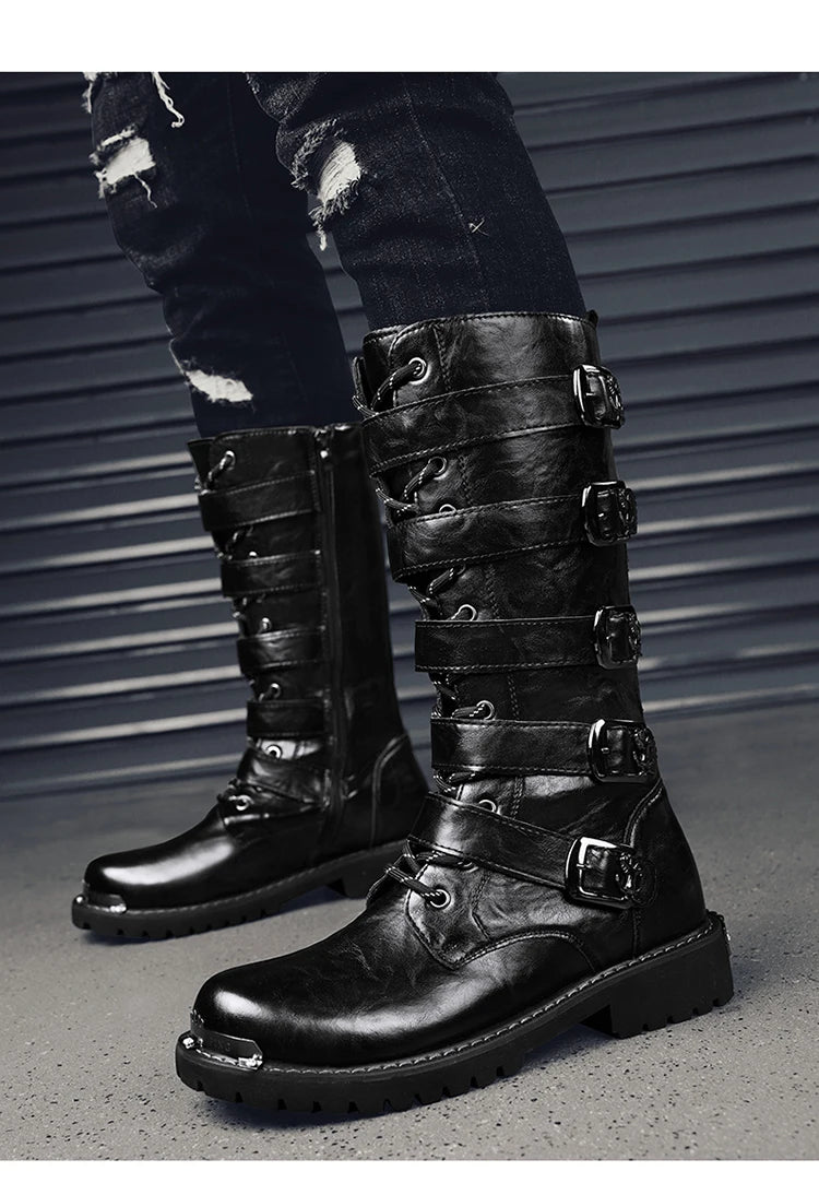 DEADFUEL BLACKOUT: Men’s Mid-Calf Leather Motorcycle Boots with Zip Buckle – Streetwear Punk Cowboy Tool Boots for Winter Chaos - Premium boots from dsers - Just $135.99! Shop now at Lizard Vigilante