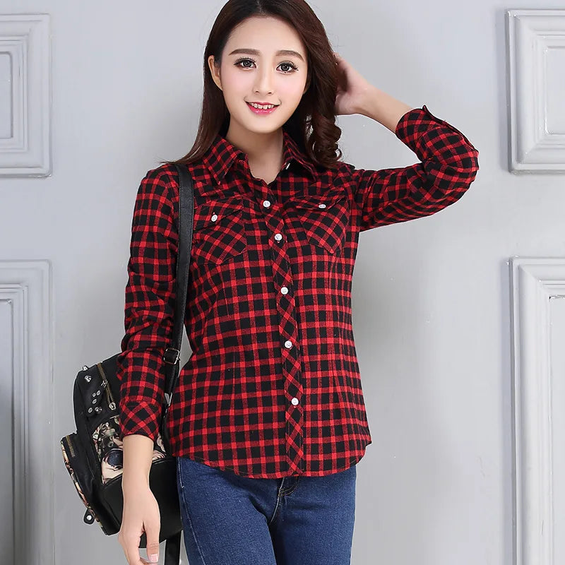 Women’s Cotton Flannel Plaid Shirt – College Style Long Sleeve Blouse with Pockets – Timeless Casual Elegance - Premium shirt from Lizard Vigilante - Just $38.88! Shop now at Lizard Vigilante